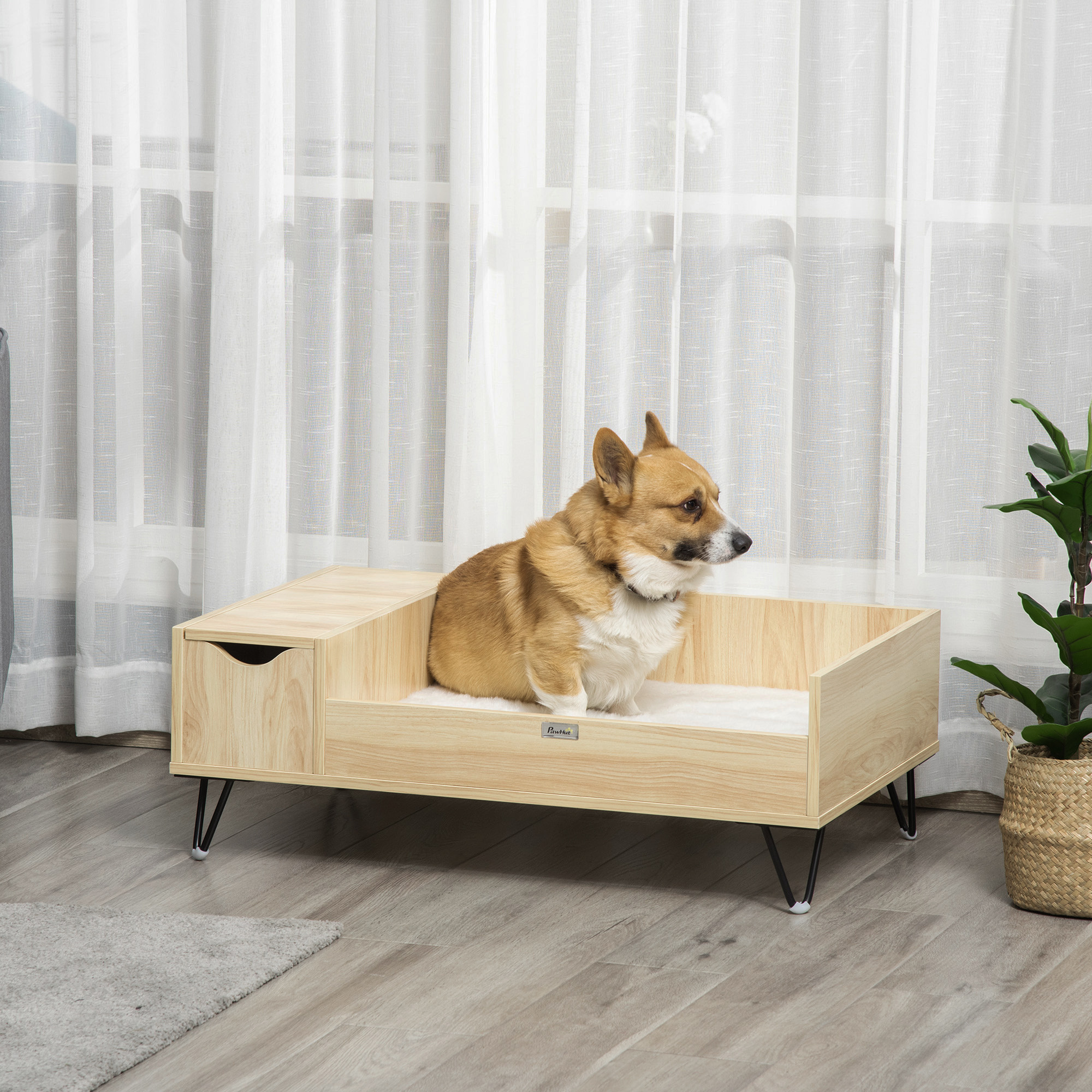 Canapé chien chat style cosy naturel - coussin aspect fourrure blanc et coffre inclus - dim. 89L x 56l x 31H cm - pieds acier en épingles lit MDF aspect bois clair naturel