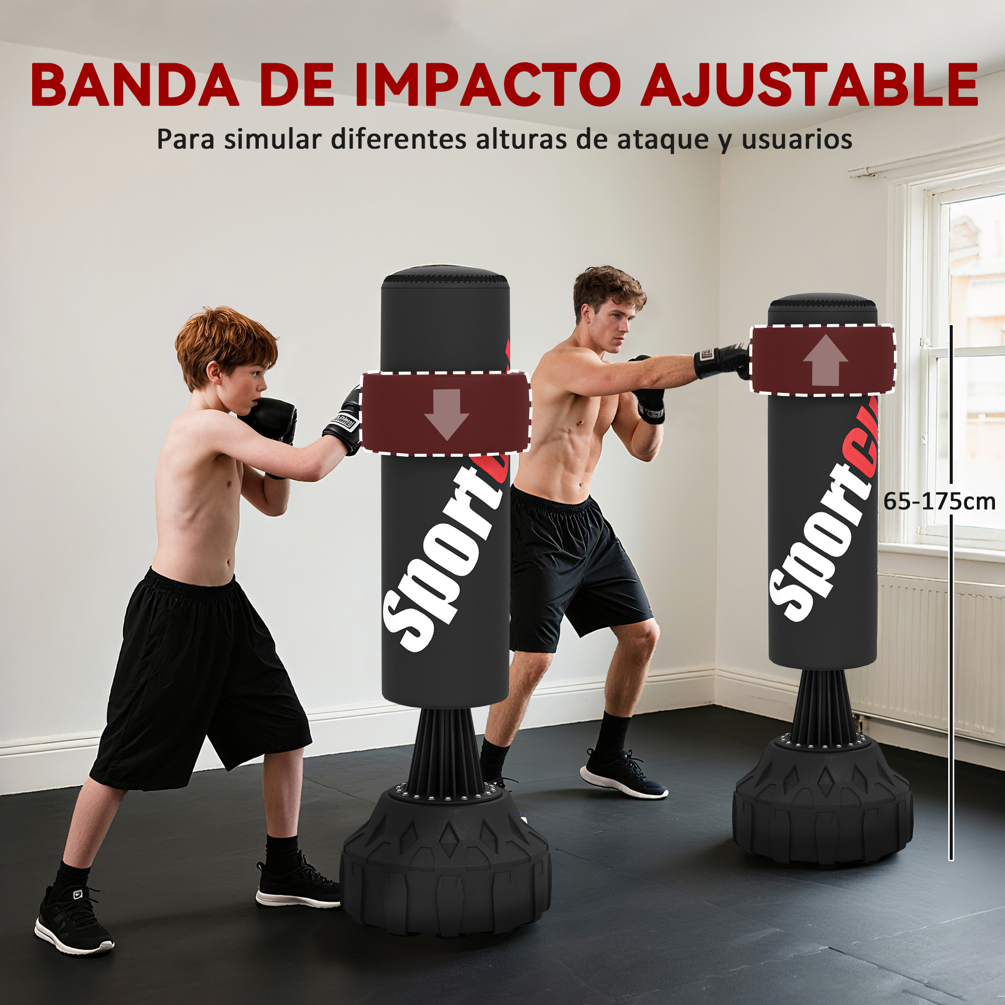 Saco de Boxeo de Pie 175 cm, Saco de Boxeo para Adultos, Altura Ajustable de Banda 65–175 cm, Base Rellenable con Ventosas, Amortiguador, Incluye Venda, Entrenamiento MMA, Muay, Negro