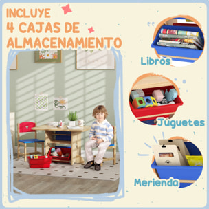 Mesa y Sillas Infantiles de 3 Piezas Mesa Infantil con 2 Sillas y 4 Cestas de Almacenamiento Juego de Muebles para Actividades para Niños de +3 Años para Sala de Juegos Natural