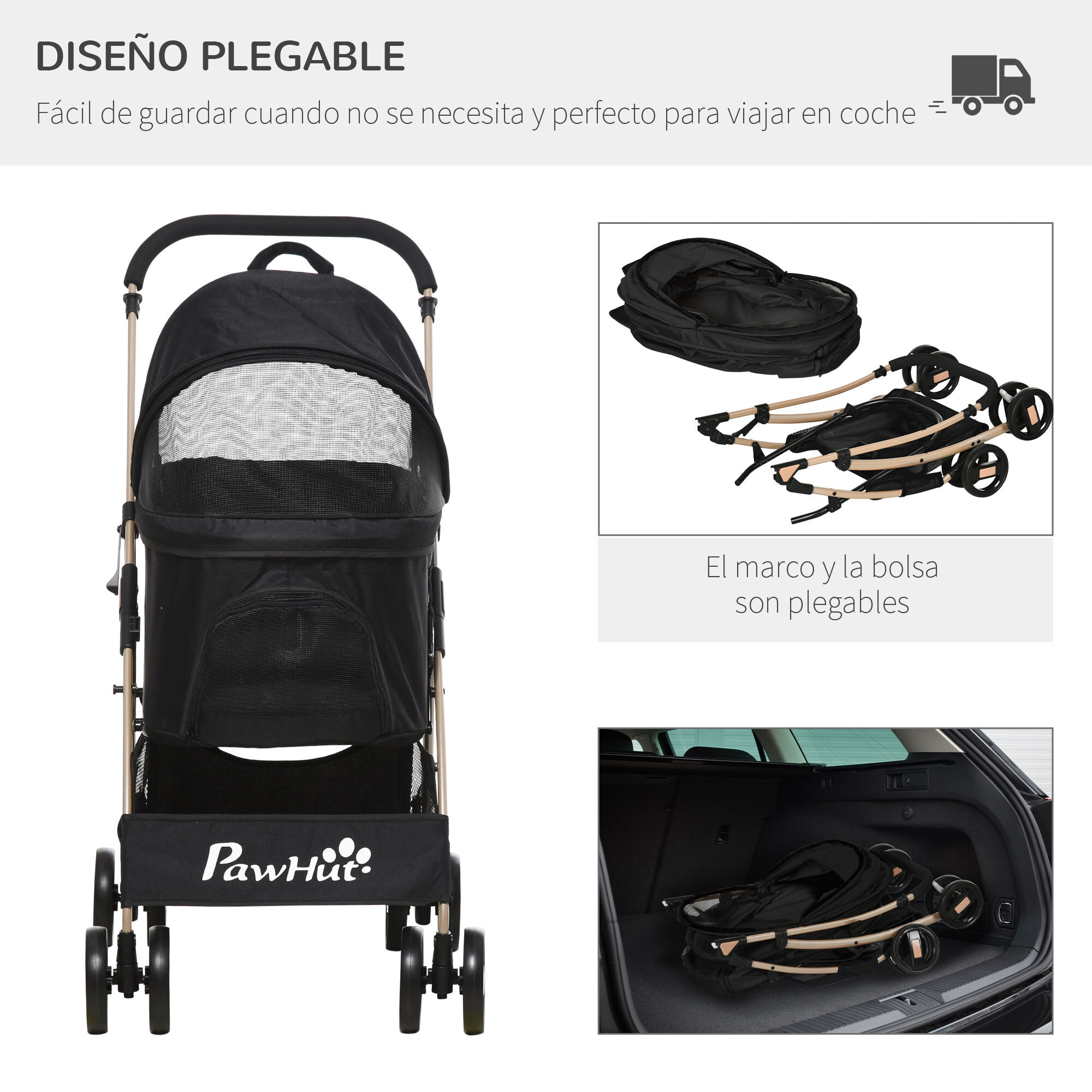 3 en 1 Cochecito para Mascotas Carrito para Perros y Gatos Desmontable Bolsa de Transporte Plegable con Cesta de Almacenaje y Frenos Tela Oxford 600D Carga 15 kg 82x49,5x98 cm Negro