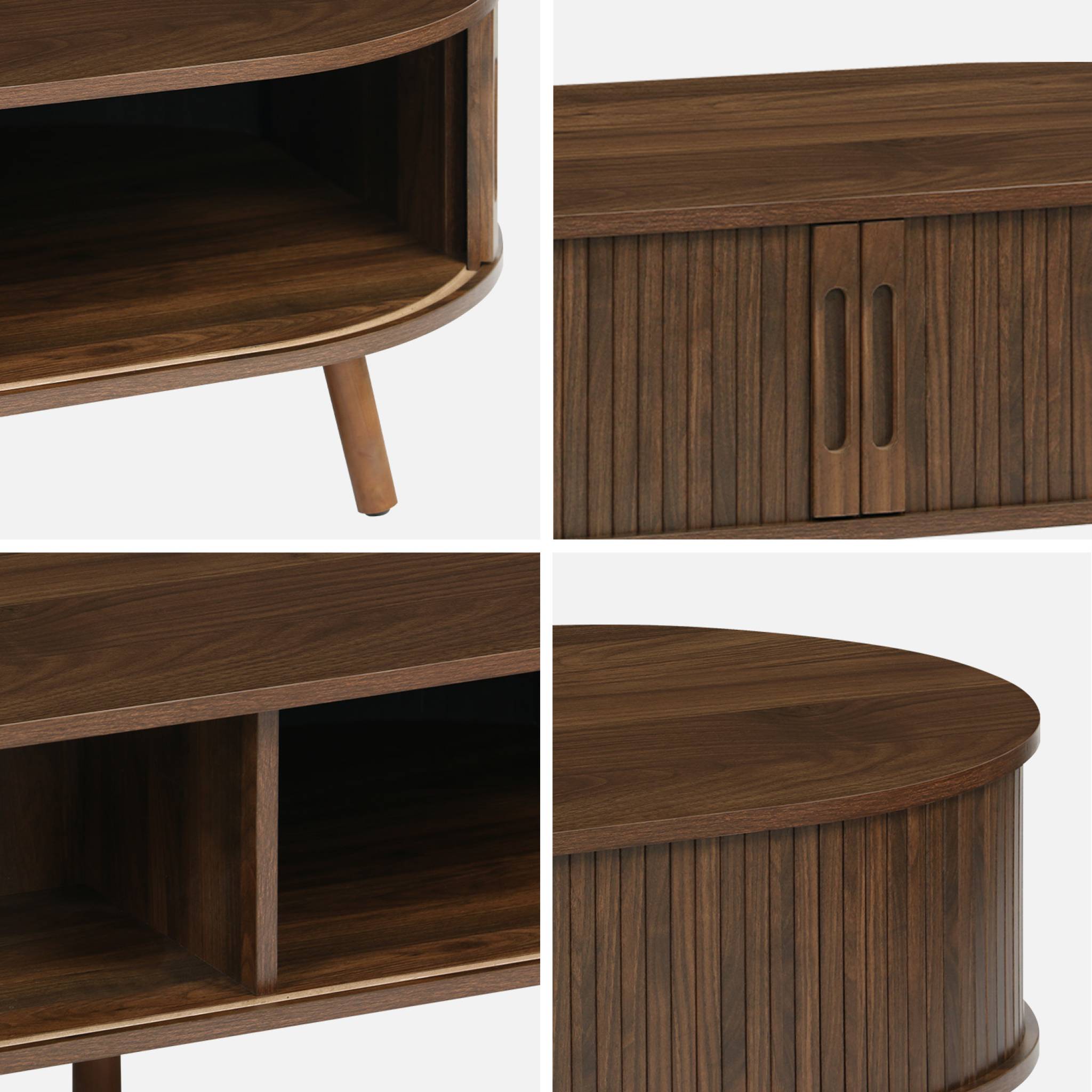 Table basse 2 portes coulissantes avec 3 compartiments effet bois rainuré noyer. L 110 x P 59 x H 39cm