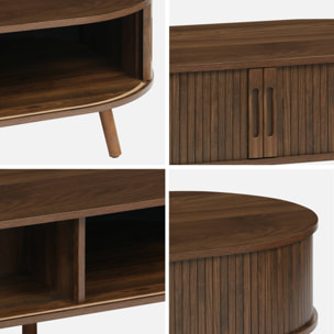 Table basse 2 portes coulissantes avec 3 compartiments effet bois rainuré noyer. L 110 x P 59 x H 39cm