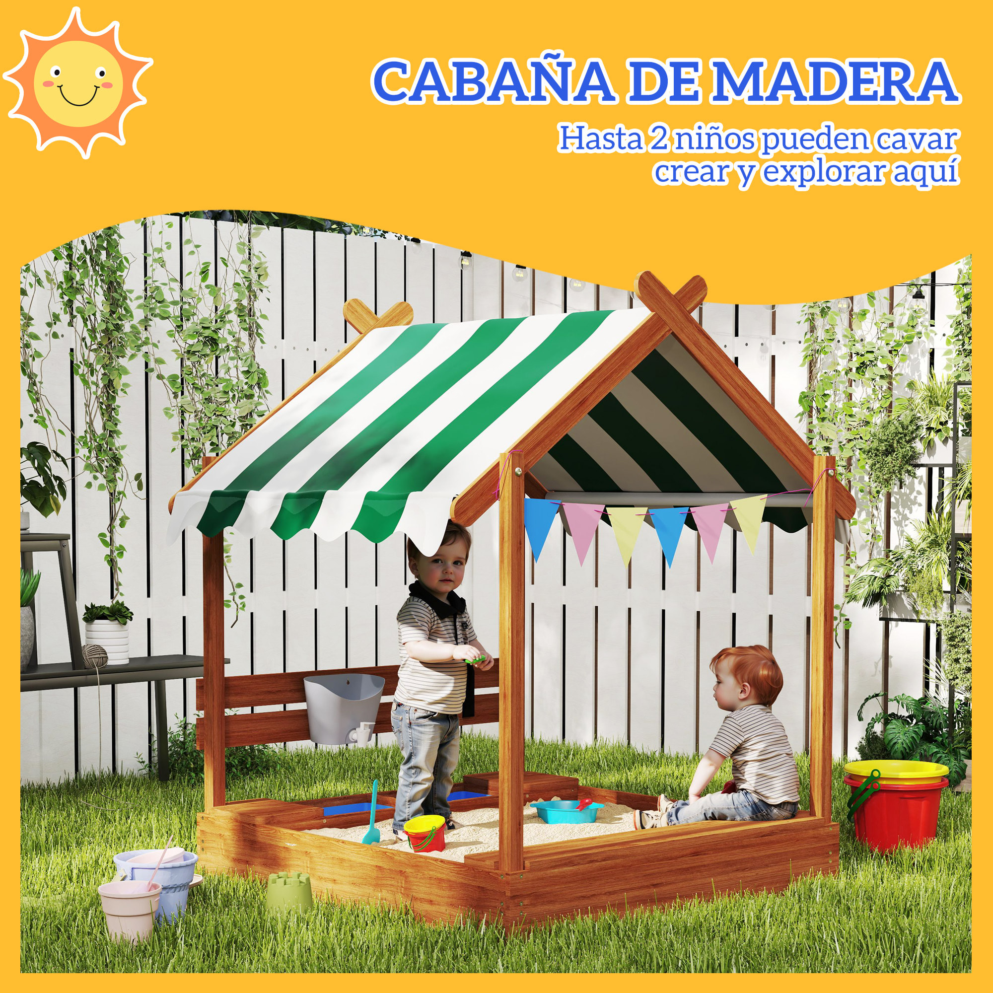Arenero para Niños de Madera, Arenero Infantil en Forma de Casa con 2 Asientos, Toldo, 6 Banderines, 2 Bandejas Extraíbles, Grifo y Pizarra, para Patio, Jardín, 124x116x146 cm, Naranja