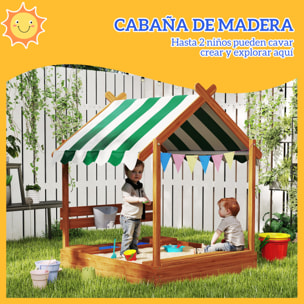 Arenero para Niños de Madera, Arenero Infantil en Forma de Casa con 2 Asientos, Toldo, 6 Banderines, 2 Bandejas Extraíbles, Grifo y Pizarra, para Patio, Jardín, 124x116x146 cm, Naranja
