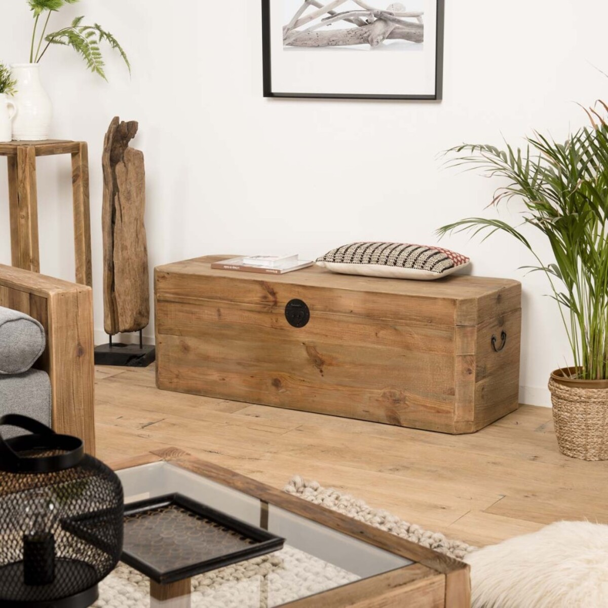 SANDY - Coffre rangement marron bois pin recyclé poignées métal noir