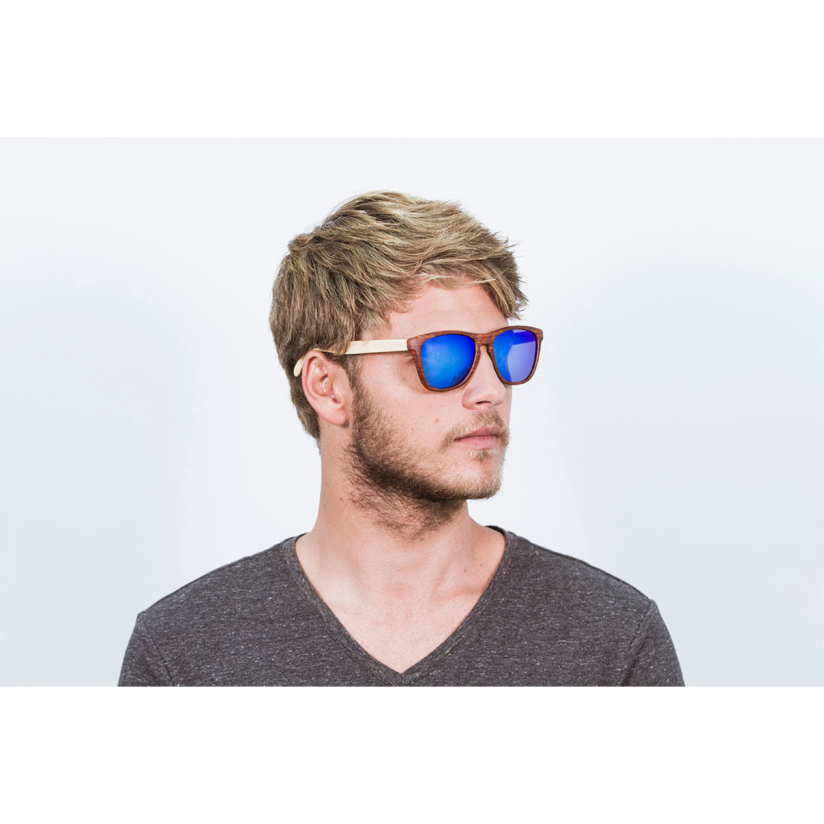Gafas de sol OCEAN SEA WOOD - De brazo natural de bambú con frente marrón / Revo azul