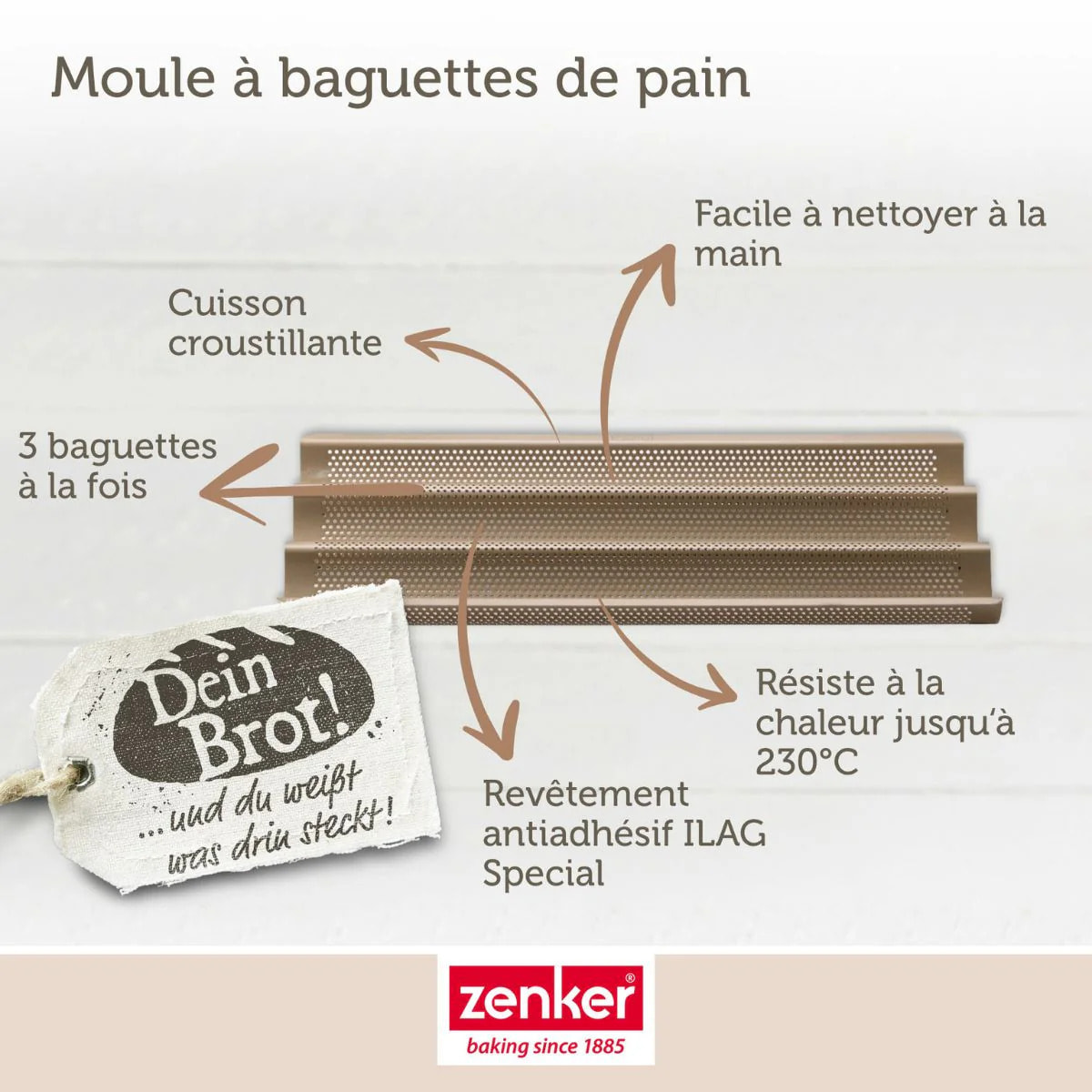 Lot comprenant 1 moule baguette 3 empreintes, 1 spatule Zenker et 2 bols à mixer en inox Fackelmann