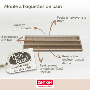 Lot comprenant 1 moule baguette 3 empreintes, 1 spatule Zenker et 2 bols à mixer en inox Fackelmann
