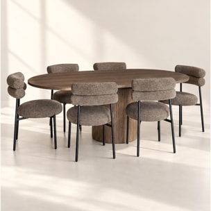Ensemble table extensible effet noyer et 6 chaises en tissu tweed moka