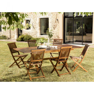 HANNA - SALON DE JARDIN BOIS TECK HUILÉ 8/10 personnes - 1 table rect. pieds croisés extensible 180*240/100 cm et 6 chaises