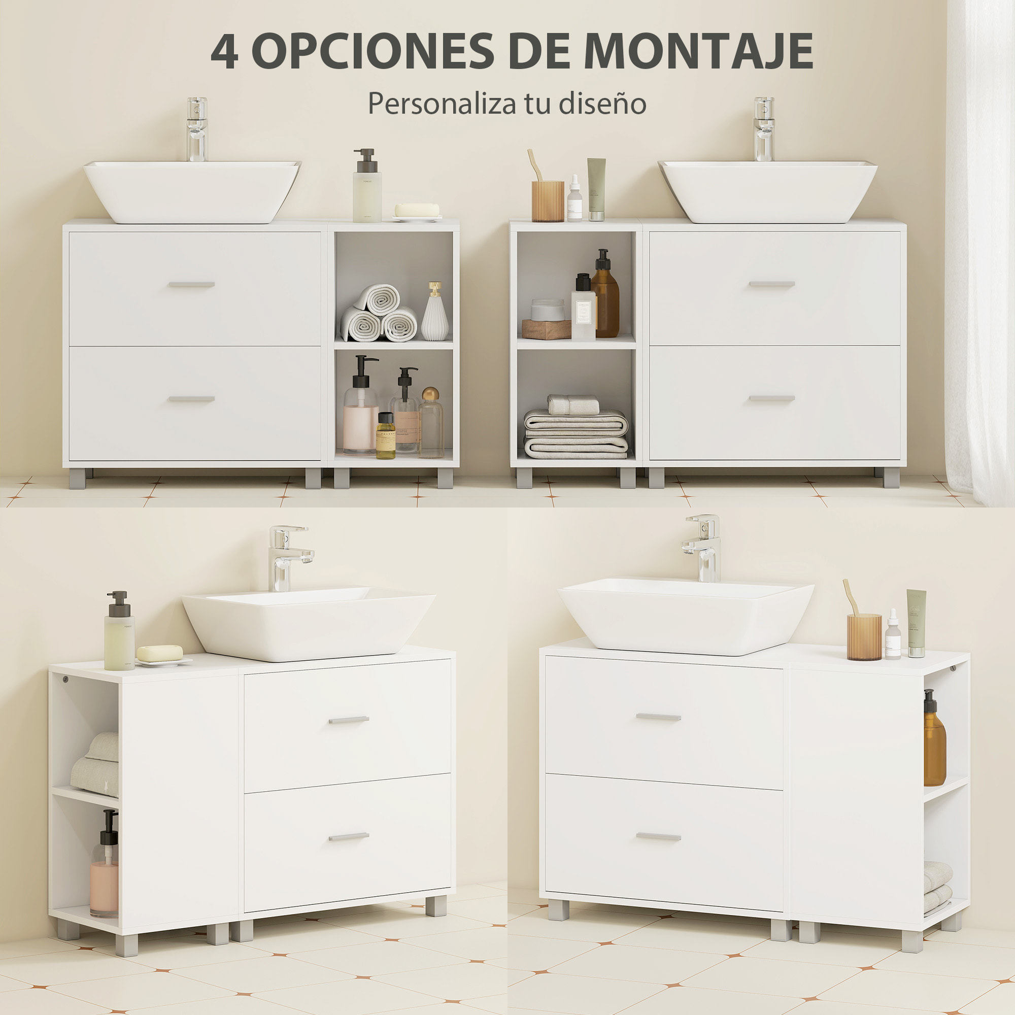 Mueble Bajo Lavabo, Mueble de Baño con 2 Cajones y 2 Estantes Abiertos, Estilo Moderno, para Lavabo con Pedestal, 90x30x60 cm, Blanco