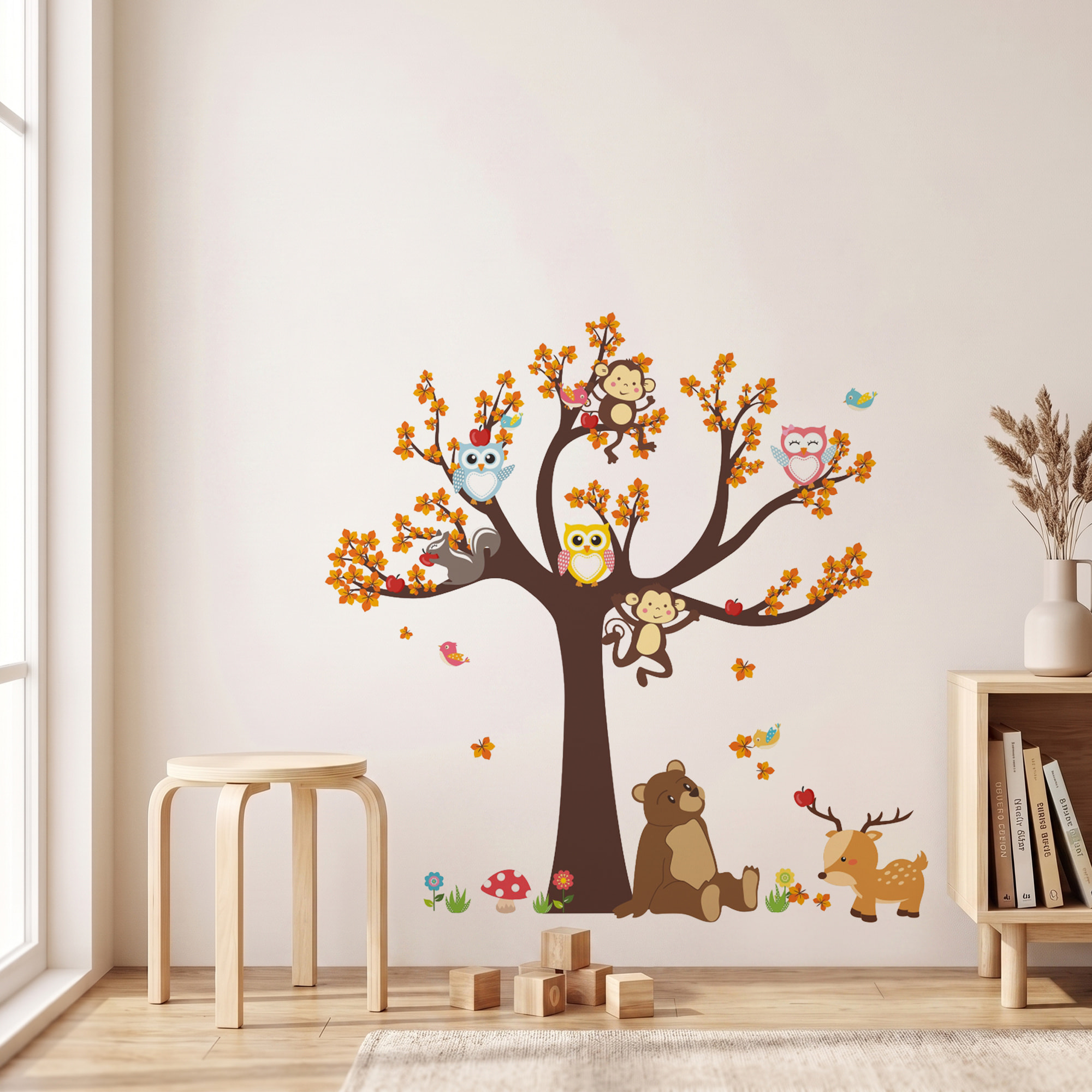 Stickers Muraux décoration adhésifs arbre géant avec hibou, singe et ours
