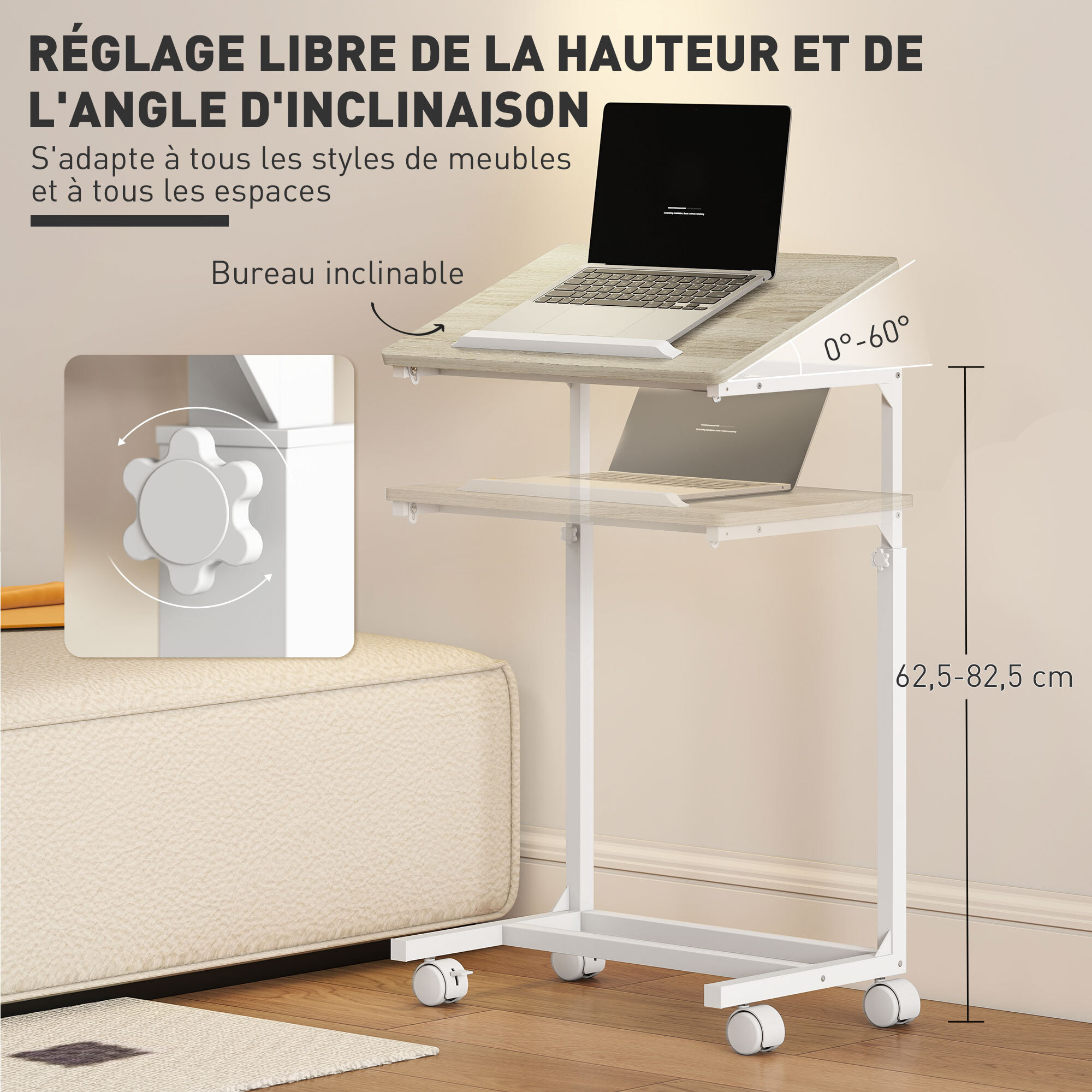 Table de lit mobile - table pour ordinateur portable - hauteur réglable, plateau inclinable - métal blanc effet bois