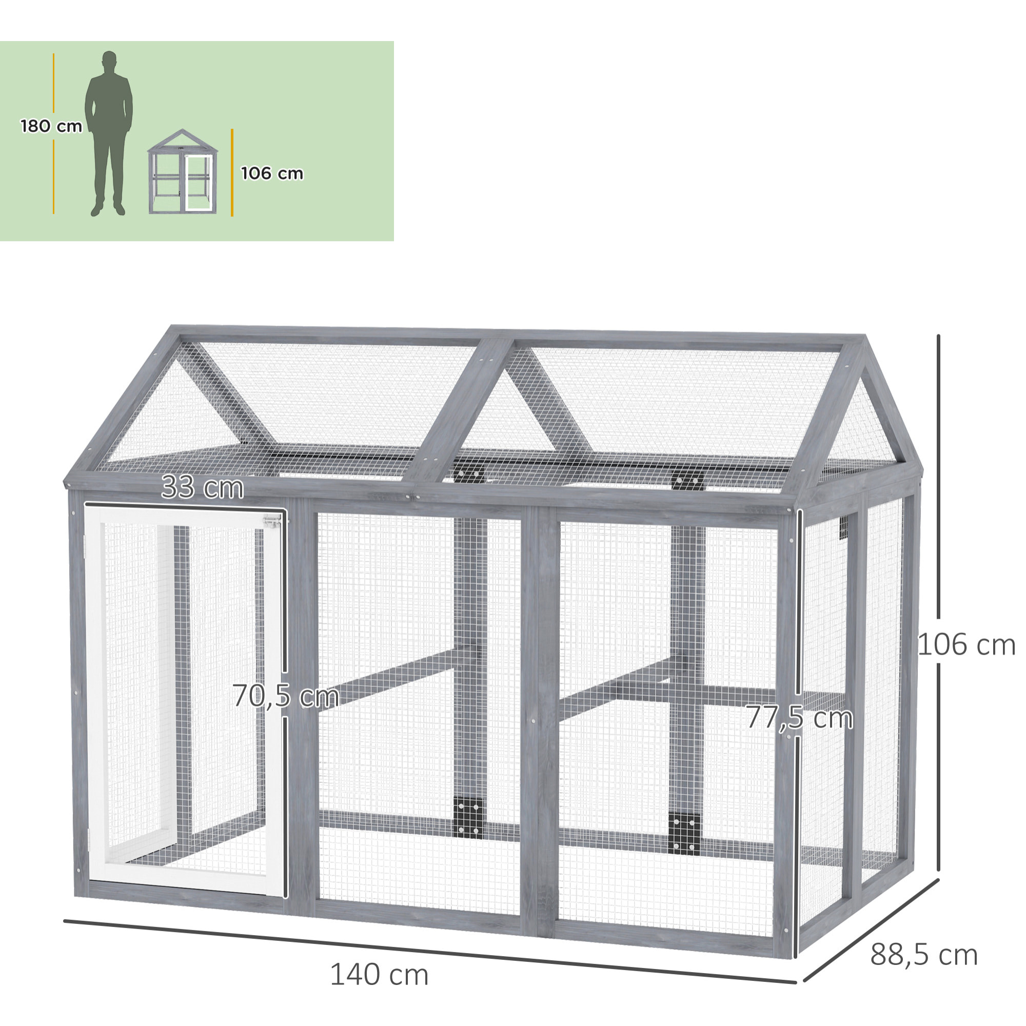 Enclos poulailler chenil 1,23 m² - parc grillagé 140 x 88,5 x 106 cm - 2 portes verrouillables - bois gris