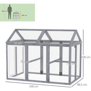 Enclos poulailler chenil 1,23 m² - parc grillagé 140 x 88,5 x 106 cm - 2 portes verrouillables - bois gris