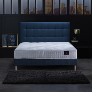 Ensemble Nova + tête de lit capitonnée - Matelas ressorts ensachés Mémoire de forme - Sommier Bleu Marine