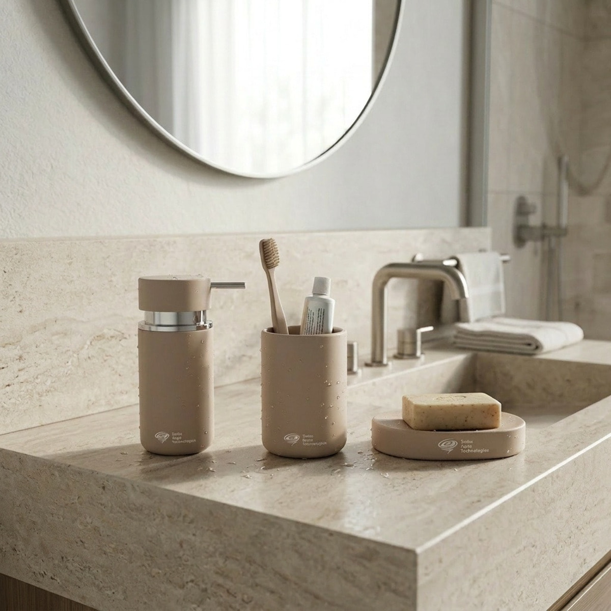 Set d'accessoires Infinitio Distributeur de savon + Porte savon + Gobelet, En céramique, Marron mat