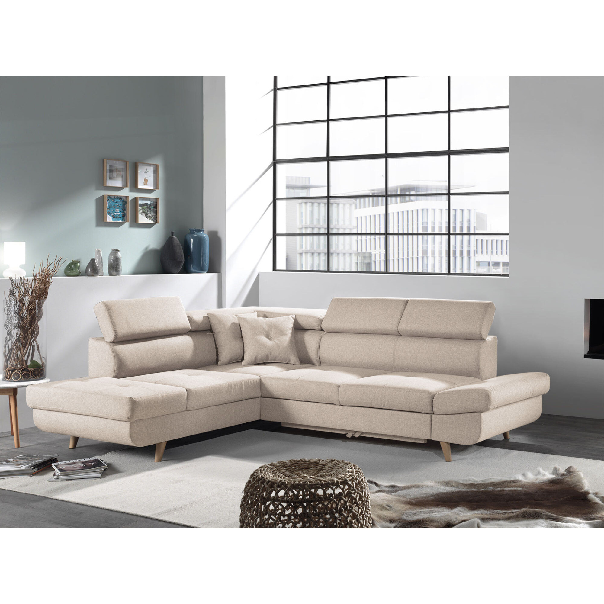 Linea - Canapé d'angle gauche convertible - 5 places - avec têtières - Beige