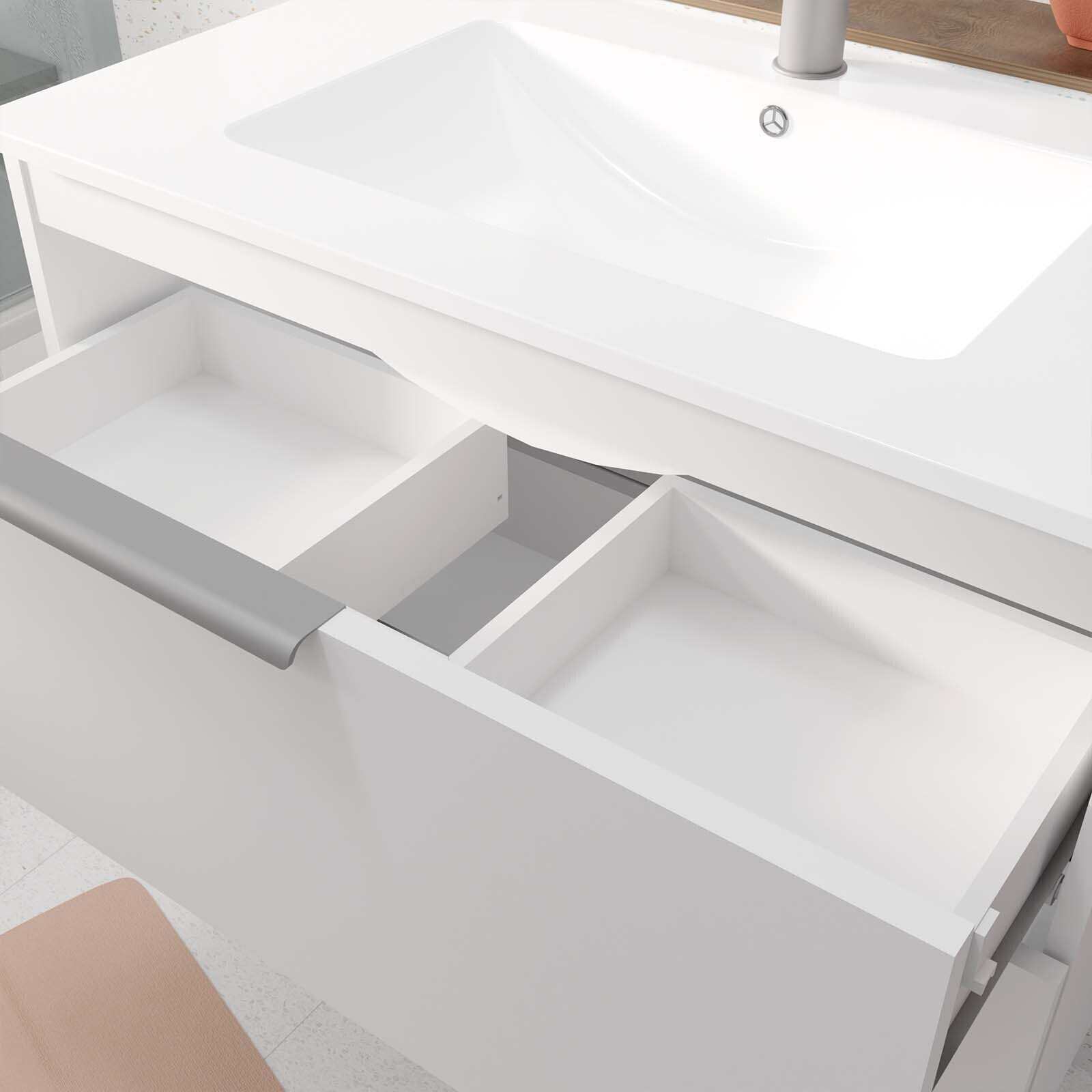 Meuble de Salle de Bains 60cm Suspendu Blanc 2 Tiroirs - Vasque Blanche - ELEMENTARY