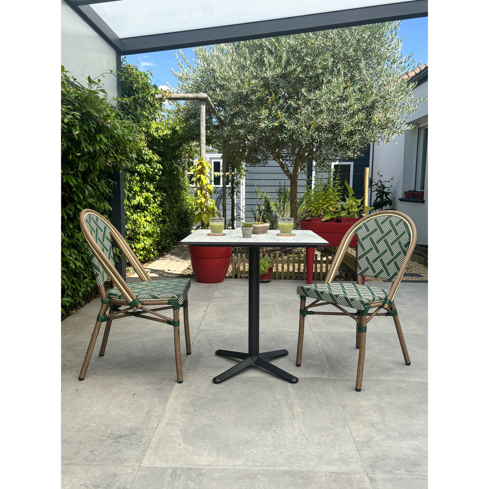 BISTRO - Ensemble repas de jardin 2 places en acier et plateau en HPL