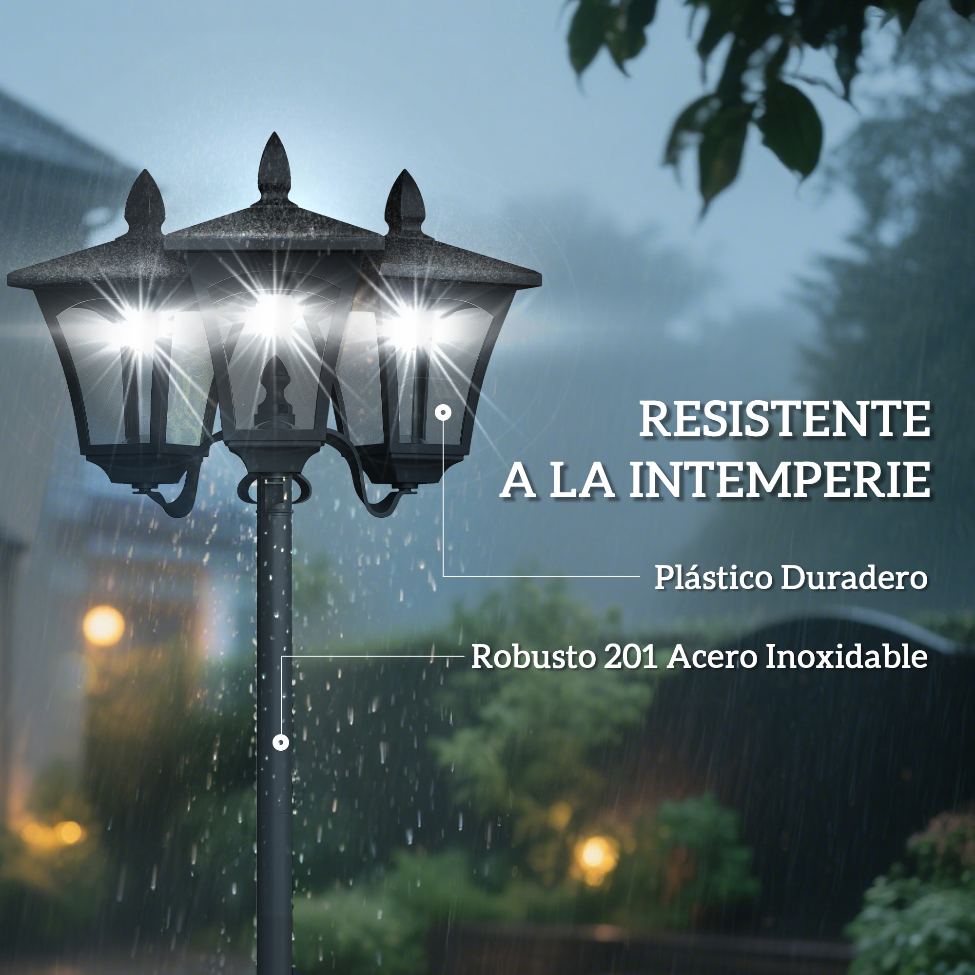 Farol Solar de Jardín con 3 Luces LED Impermeable IP44 Sensor de Noche Farola de Exterior para Camino Terraza Patio 51,5x47x182,5 cm Negro