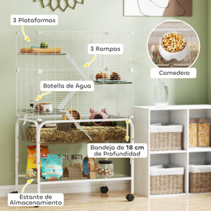Jaula para Animales Pequeños de 4 Niveles con Ruedas Jaula para Roedores con Bandeja Profunda Rampas Plataformas Comedero y Bebedero Recinto para Chinchillas Hurones Hámster 73x47x123 cm Blanco