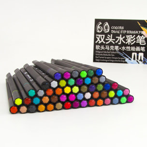 Set di 60 pennarelli DUAL ART BLACK LINE a doppia estremità, punta fine 0,4 mm e punta a pennello professionale per acquerello. Forma triangolare ergonomica per scritte, calligrafia, illustrazioni...