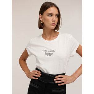 Motivi - T-shirt con scritta e ali in strass - Bianco