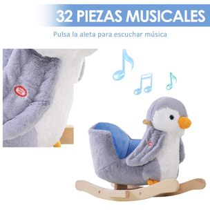 Caballito Balancín para Bebés de +18 Meses Forma de Pingüino Caballo Balancín de Madera con Músicas Infantiles y Palos Carga 40 kg 60x33x50 cm Gris