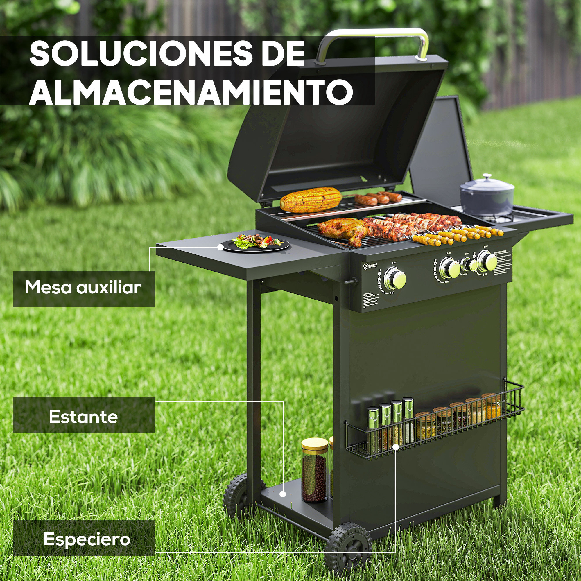 Outsunny Barbacoa de Gas BBQ Gas con 3+1 Quemadores 8,5 kW Barbacoa Portátil con Mesa Lateral Parrilla Termómetro 2 Ruedas Recogedor de Grasa para Exterior Jardín Camping Negro