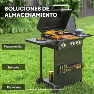 Outsunny Barbacoa de Gas BBQ Gas con 3+1 Quemadores 8,5 kW Barbacoa Portátil con Mesa Lateral Parrilla Termómetro 2 Ruedas Recogedor de Grasa para Exterior Jardín Camping Negro