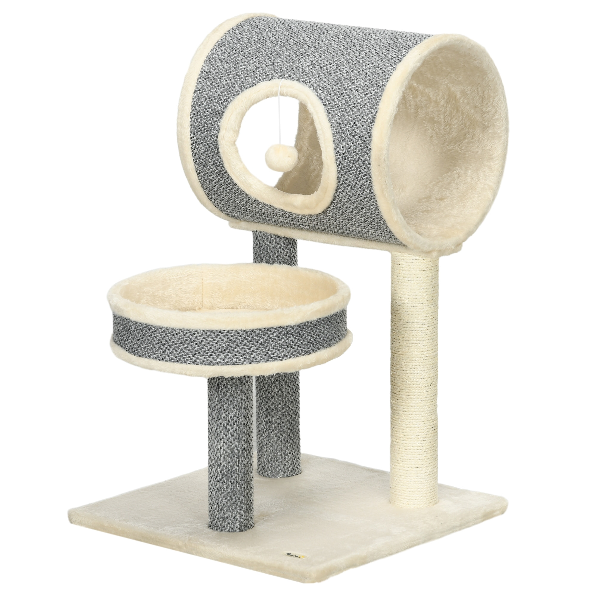 Arbre à chat style cosy chic griffoir sisal naturel plateforme tunnel jeu boule peluche courte aspect lin tressé gris