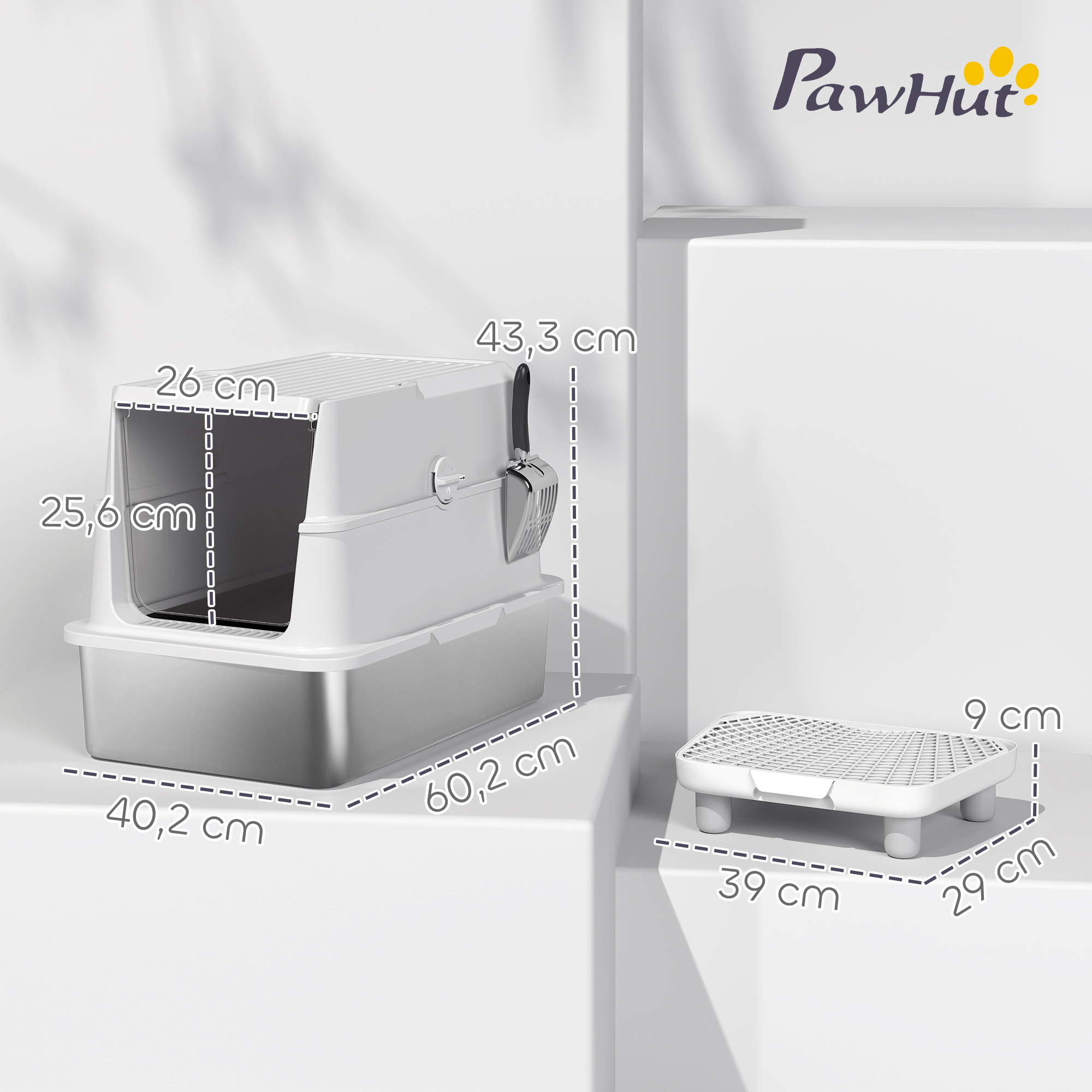 PawHut Arenero para Gatos de Acero Inoxidable XL, Caja de Arena Cerrada para Gatos Grandes, Arenero Extragrande con Tapa Abatible, Borde Alto, Pala Metálica, Fácil Limpiar, Antifugas, Gris Claro