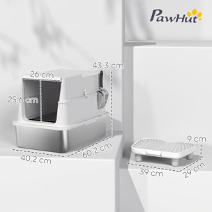PawHut Arenero para Gatos de Acero Inoxidable XL, Caja de Arena Cerrada para Gatos Grandes, Arenero Extragrande con Tapa Abatible, Borde Alto, Pala Metálica, Fácil Limpiar, Antifugas, Gris Claro