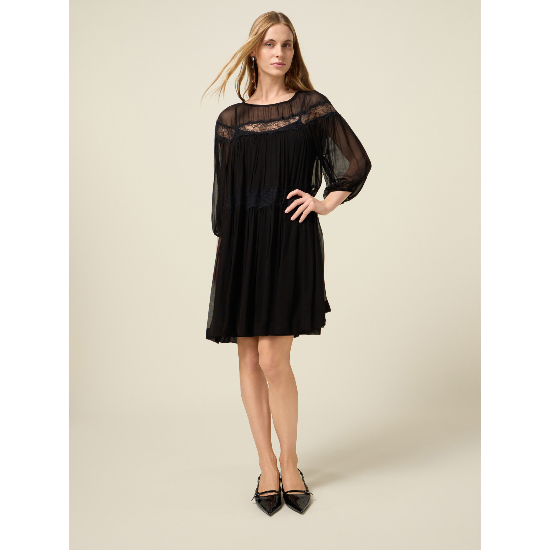 Oltre - Vestito flare in creponne con pizzo - Nero