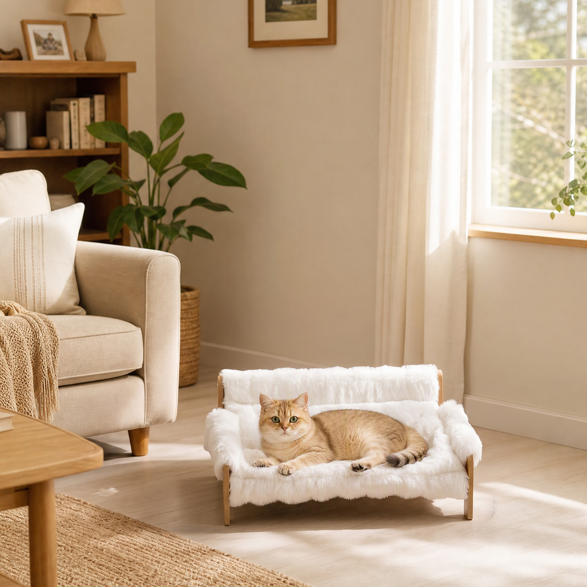 Canapé chien style nordique bois fourrure 70L x 47l x 30H cm