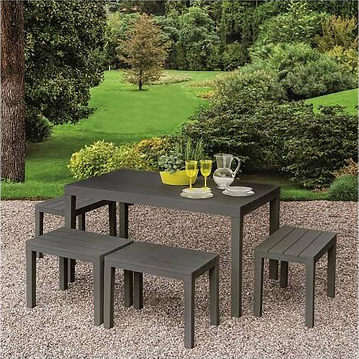 Set salotto da esterno Sanremo, Set da giardino con 1 tavolo rettangolare e 4 panchine, Set indoor e outdoor da Pic Nic, 100% Made in Italy, Antracite