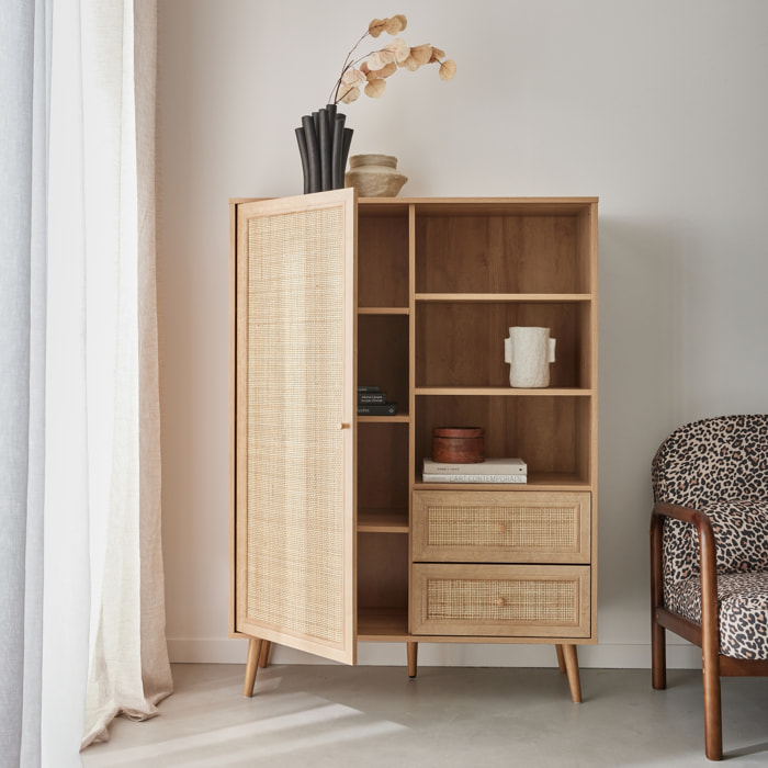 Buffet de rangement cannage et décor bois. buffet haut. vaisselier. 1 porte. 2 tiroirs. 6 étagères
