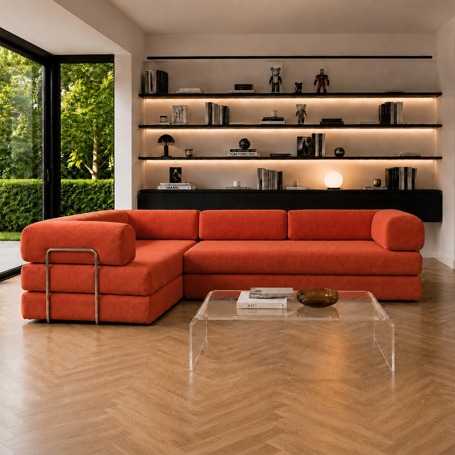 Canapé compressé convertible 5 places à mémoire de forme en velours côtelé terracotta MELLOW
