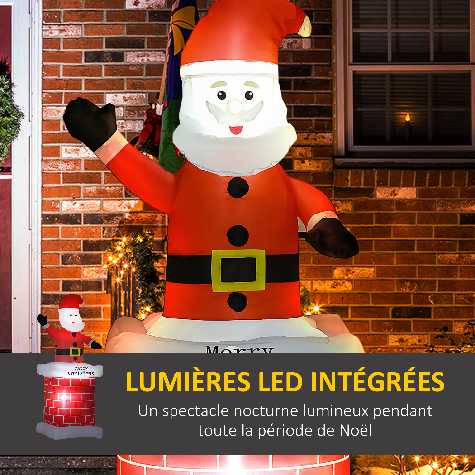 Père Noël gonflable avec cheminée lumineux LED hauteur 210 cm polyester imperméable rouge blanc noir