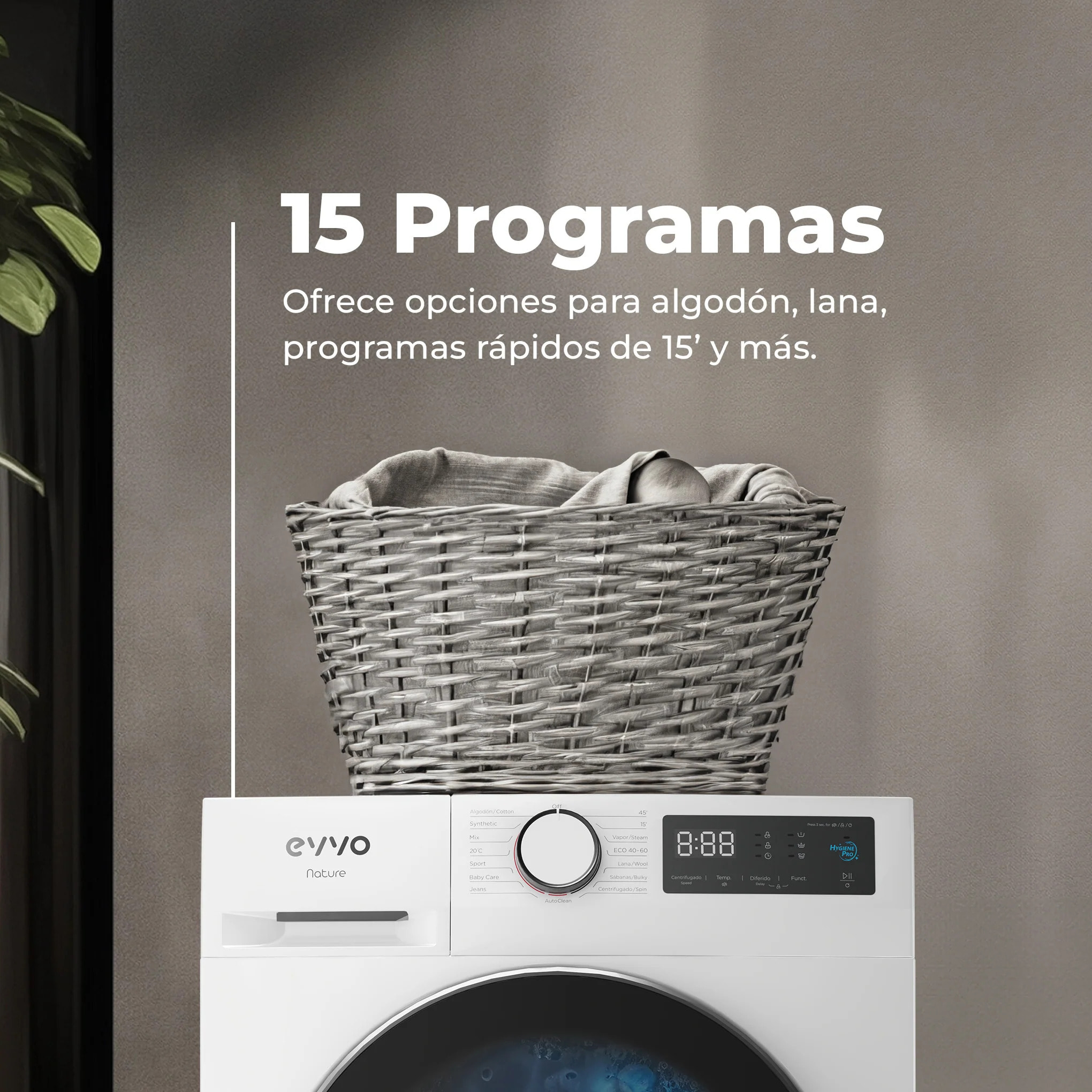 EVVO Lavadora Nature 9 9 kg, 1350 rpm, Clase A, motor inverter, tambor ePROTECT, vapor Steam Wash, 15 programas, 15’ rápido, blanco