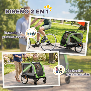 Remolque de Bicicleta para Perros 2 en 1, Carrito para Perros Medianos y Gatos Plegable con Cinturón de Seguridad, Bandera y Reflectores, Carga 20 kg, 134x62x101 cm, Verde