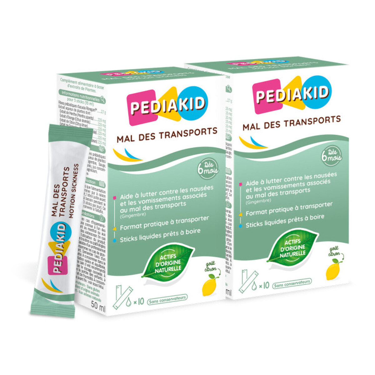 PEDIAKID - Mal des Transports - Complément alimentaire aux extraits de plantes & fibres - Aide à lutter contre les nausées et vomissements - Format sticks prêts à boire - Lot de 2