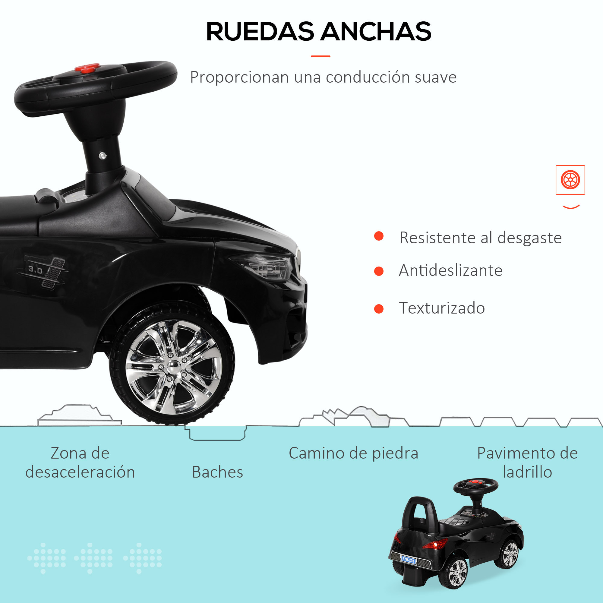 Coche Correpasillos para Niños de 18-36 Meses Andador Correpasillos con Faros Música Bocina Volante Espacio de Almacenaje y Asa para Empujar 63,5x28x36 cm Negro