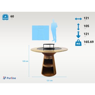 Barbecue rond avec plaque de cuisson et de gril en acier et planche en bois
