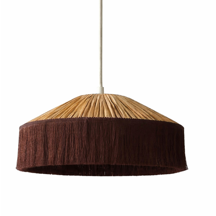 Abat-jour suspension en papier façon raphia et franges - Marron chocolat