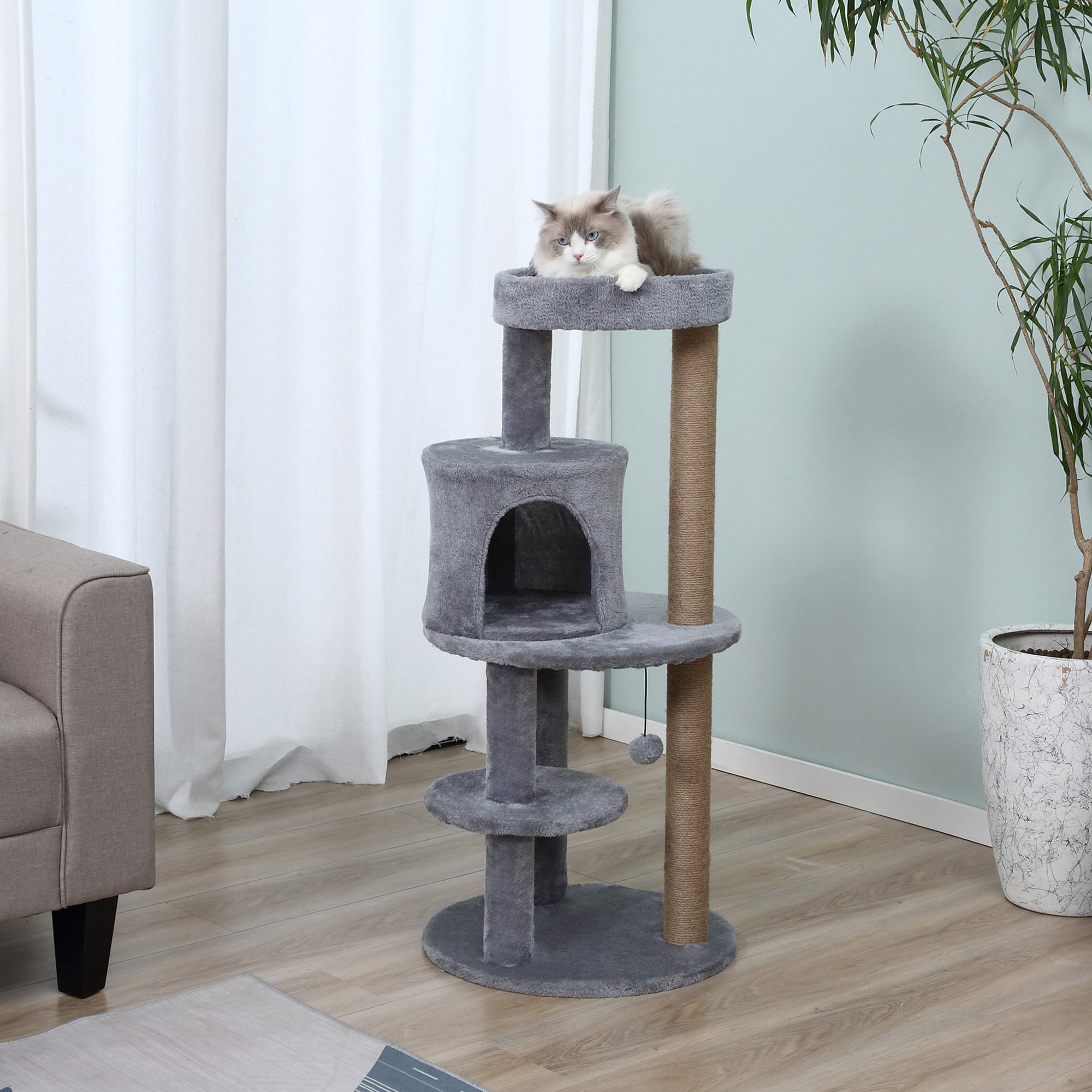 Árbol Rascador para Gatos de 104 cm Rascador para Gatos con Plataformas Refugio Postes de Sisal y Bola Colgante 48x48x104 cm Gris