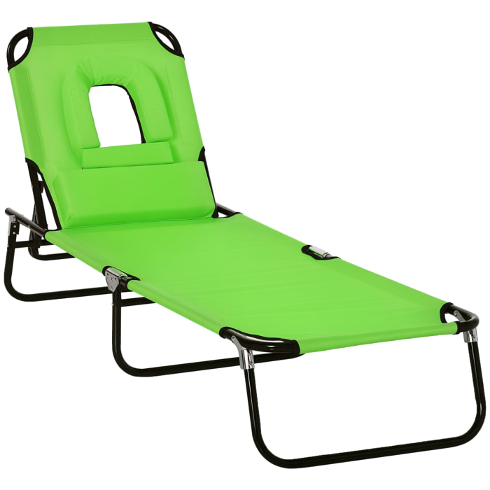 Outsunny Tumbona Plegable con Respaldo Regulable en 4 Posiciones Tumbona de Jardín con Orificio de Lectura Almohada Marco Metálico y Tela Oxford para Playa Terraza Carga 120 kg 190x56x28 cm Verde