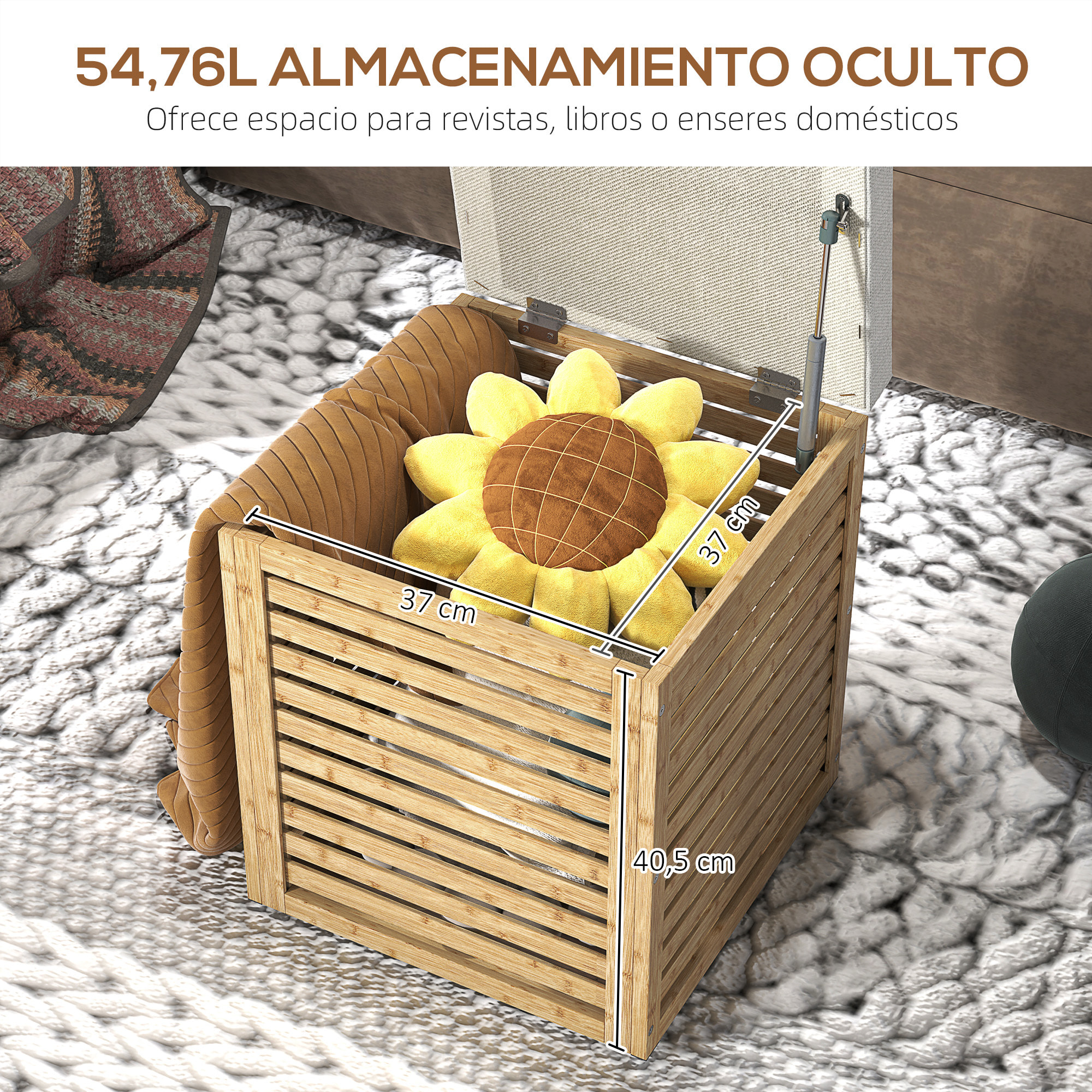 Baúl de Almacenaje para Dormitorio 54,7L Taburete de Almacenaje Tapizado en Lino Sintético con Cojín Marco de Bambú para Entrada Salón 40x40x47 cm Gris y Natural