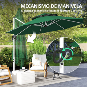 Sombrilla de Jardín Ø292 cm Parasol Excéntrico con Manivela Giratorio 360° Inclinación Ajustable Doble Techo y Base Cruzada Sombrilla para Terraza Exterior Patio Verde Oscuro